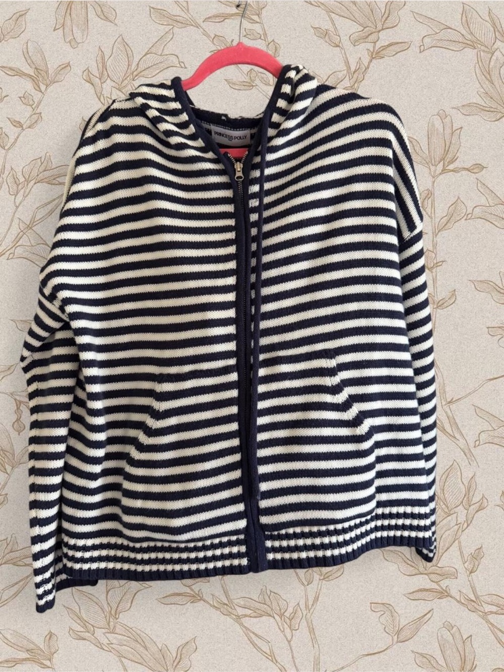 Princess Polly Navy and White Striped Hooded Zip Jacket